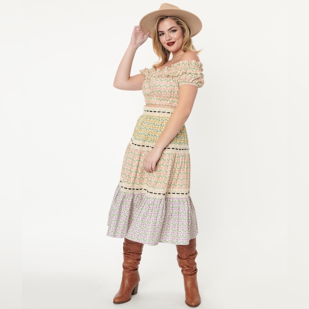 Unique Vintage 1970s Light Pink Floral Ruffle Up Crop Top and skirt